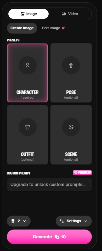 OurDream Bildgenerator-Steuerung für Charakter, Pose, Outfit und Szene