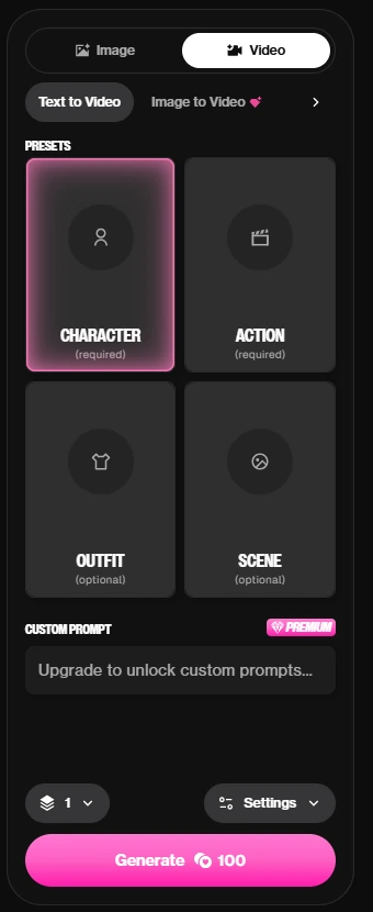 OurDream Video-Generator-Steuerung für Charakter, Aktion, Outfit und Szene